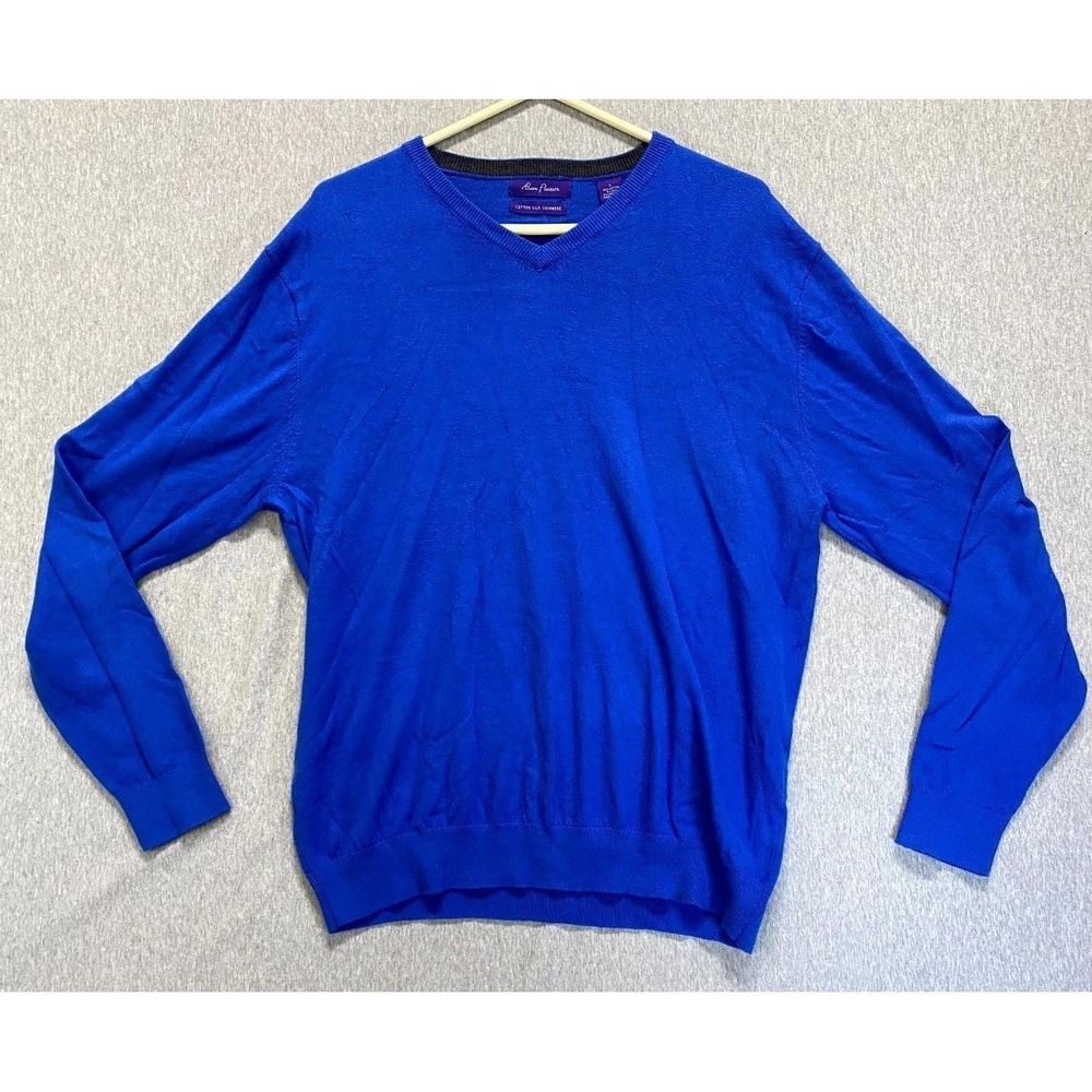 Alan Flusser Sweater Mens Large Blue Cashmere Knitted Winter Cozy Warm V Neck